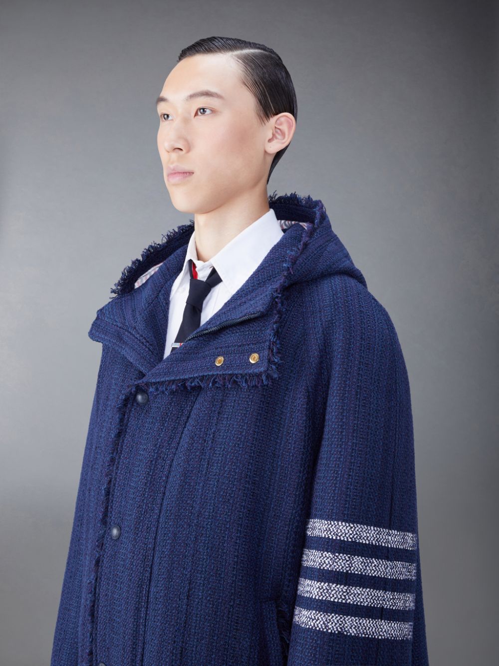 Parka Thom Browne Tweed Fray 4-Bar Cropped Football Homme Bleu | GZN38O73660