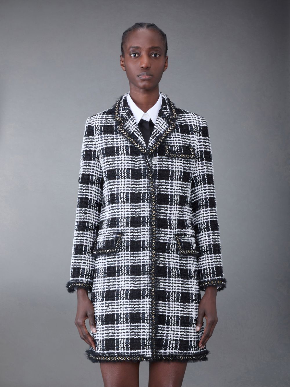 Peignoir Thom Browne Prince of Wales Chenille Tweed Tuft and Pearl Chesterfield Femme Noir | BKD21V82605