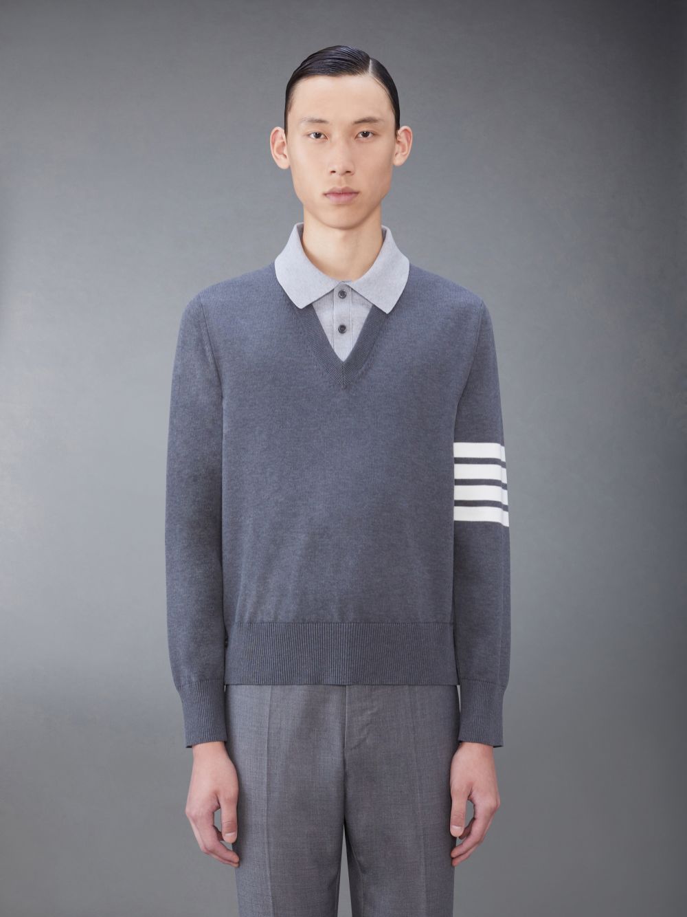 Polo Thom Browne Jersey 4-Bar V Neck Homme Grise | PIE01I40447