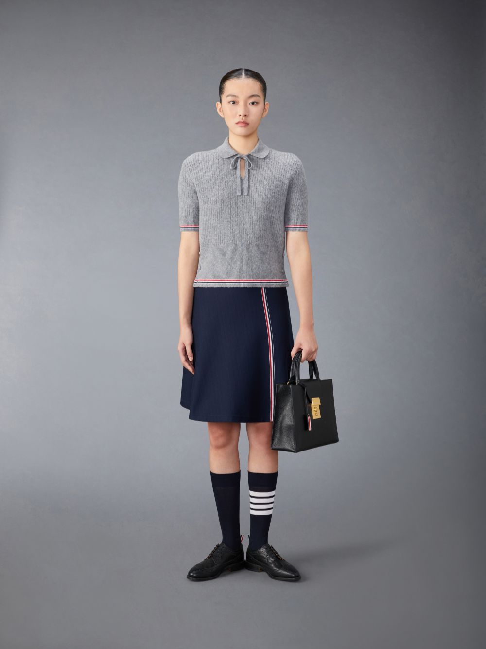 Polo Thom Browne Merino Wool Brushed Tuck Stitch Keyhole Femme Grise | QDW59R68554