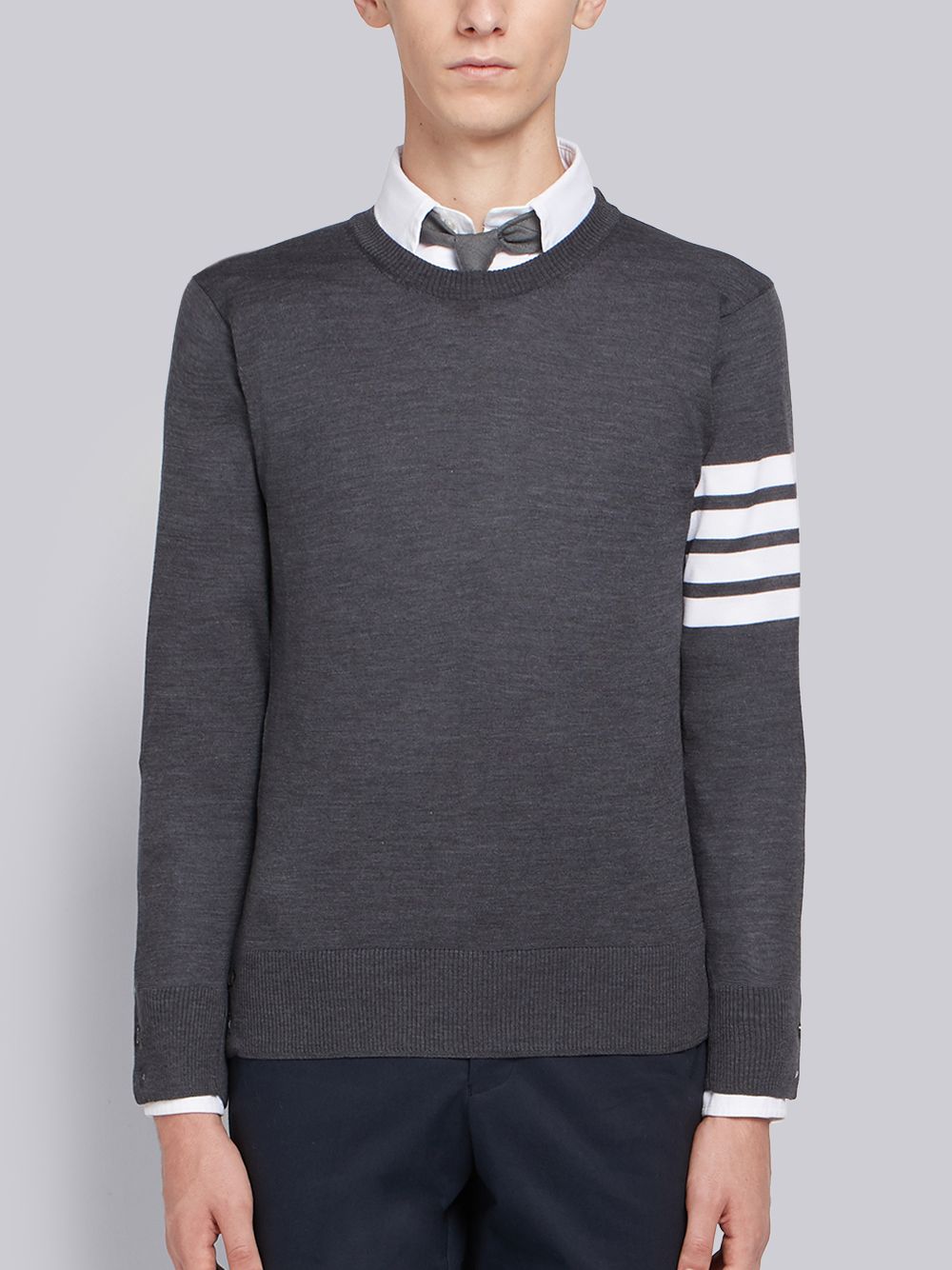 Pulls De Golf Thom Browne Dark Fine Merino Wool 4-Bar Crew Neck Homme Grise | NZF21Z45605