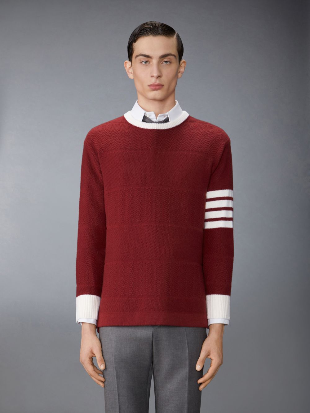 Pulls De Golf Thom Browne Merino Wool 4-Bar Textured Rugby Stripe Crew Neck Homme Rouge | CZF05N29658