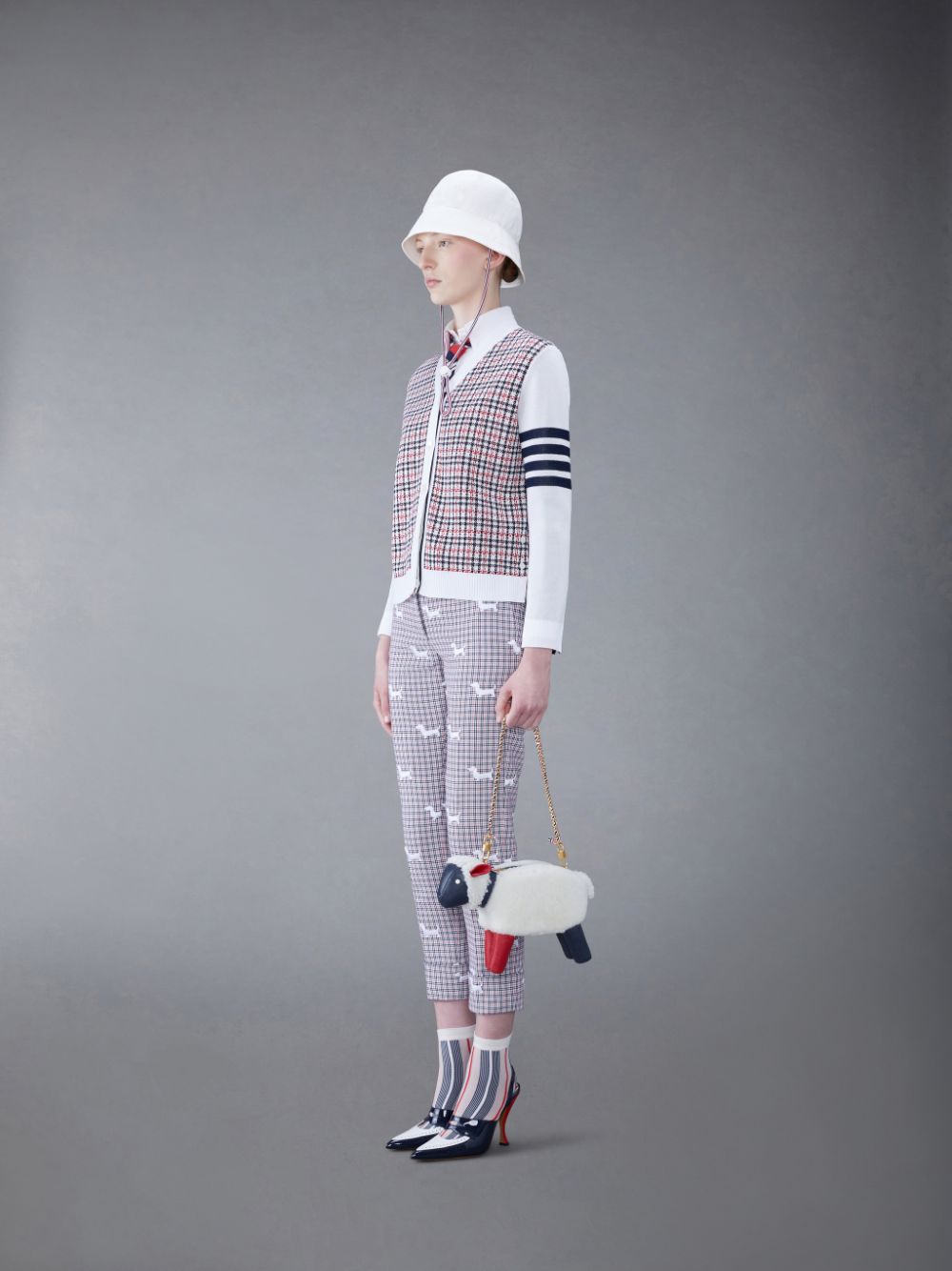 Sac Bandoulière Thom Browne Small Sheep Chain in Shearling & Pebble Grain Homme Blanche | SCK77P30211