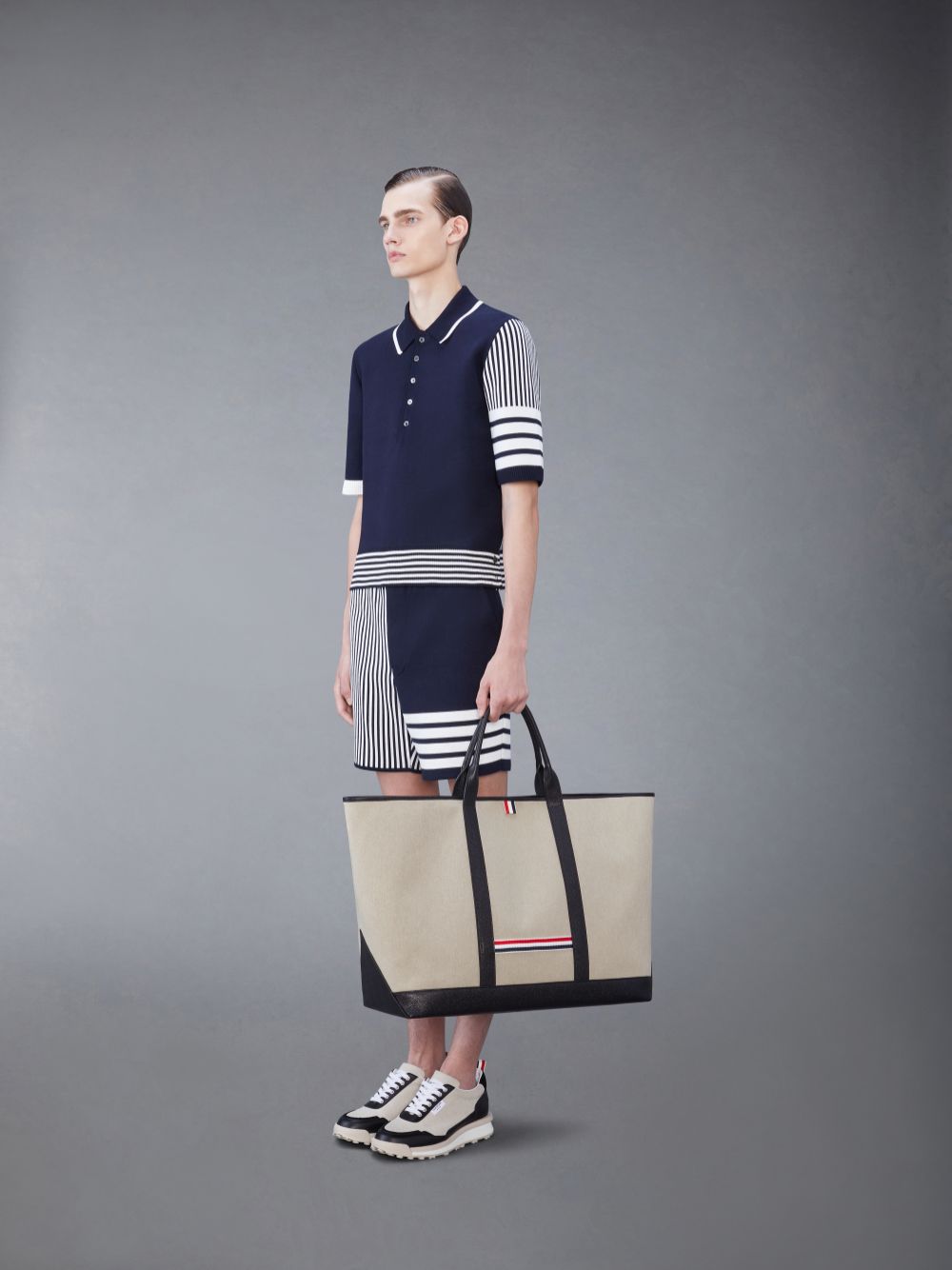 Sacs Fourre Tout Thom Browne Cotton Canvas Leather Oversized Tool Homme Beige | DPF27D03749
