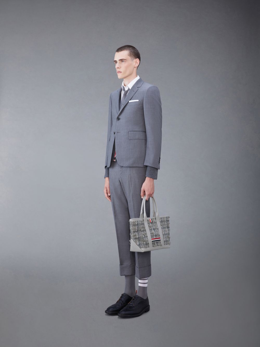Sacs Fourre Tout Thom Browne Tweed Leather Small Tool Femme Grise | MLA71C14016