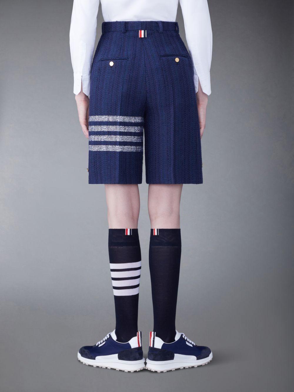 Short Thom Browne Tweed Fray 4-Bar High Waist Femme Bleu | QCL17R16814