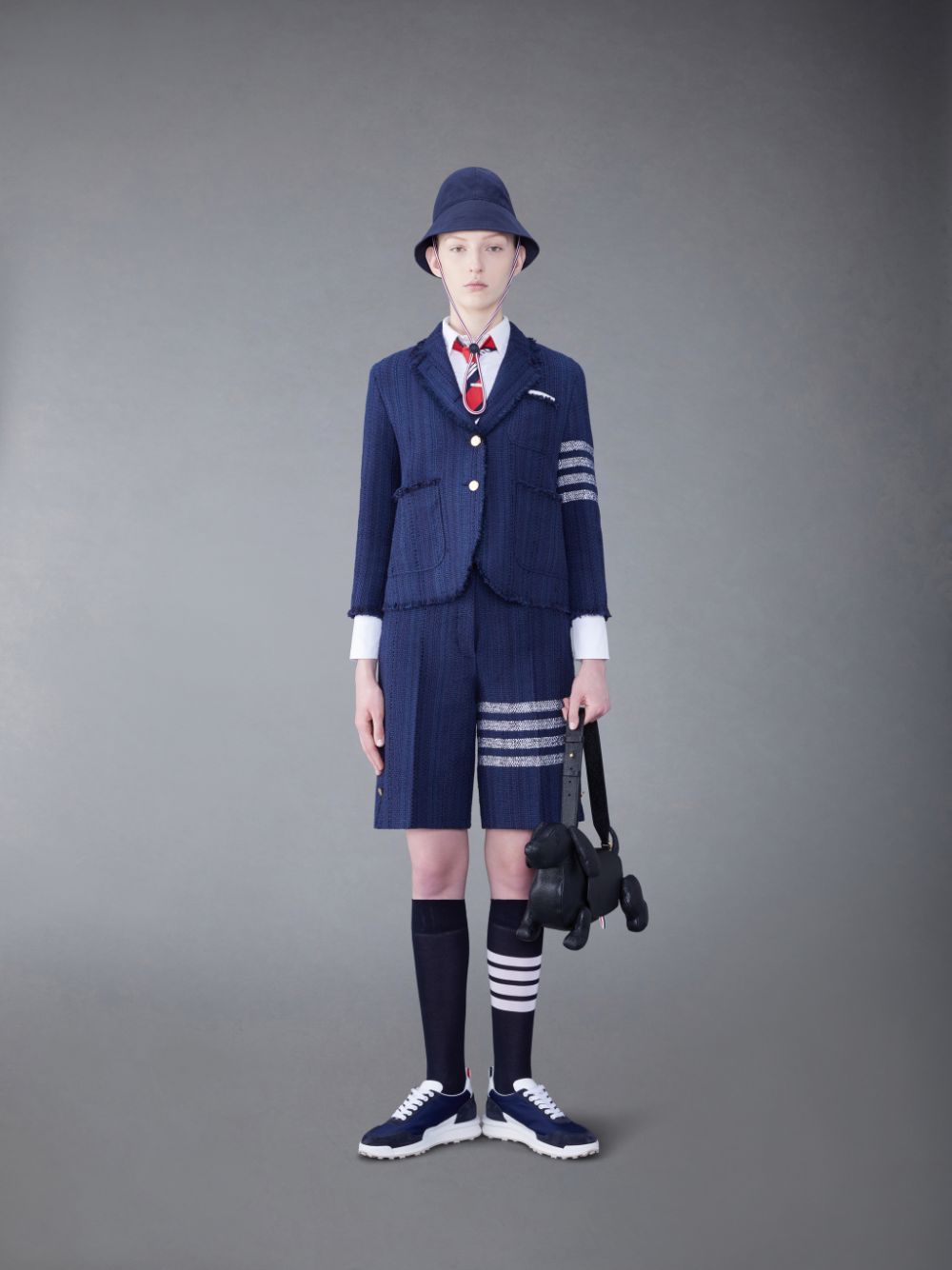 Short Thom Browne Tweed Fray 4-Bar High Waist Femme Bleu | QCL17R16814