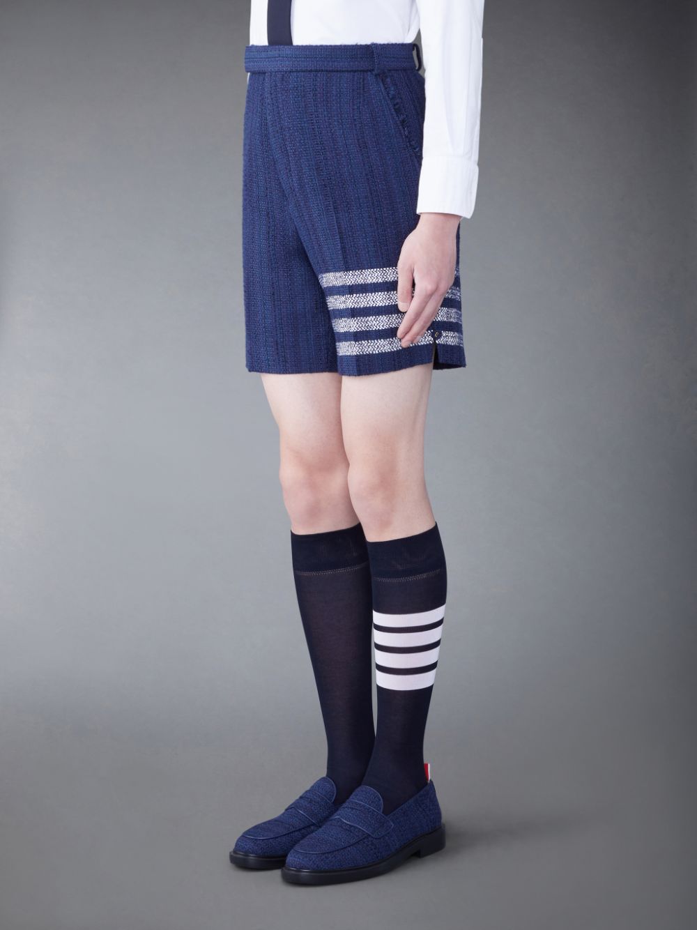 Short Thom Browne Tweed Fray 4-Bar Sack Homme Bleu | SYD41L33055