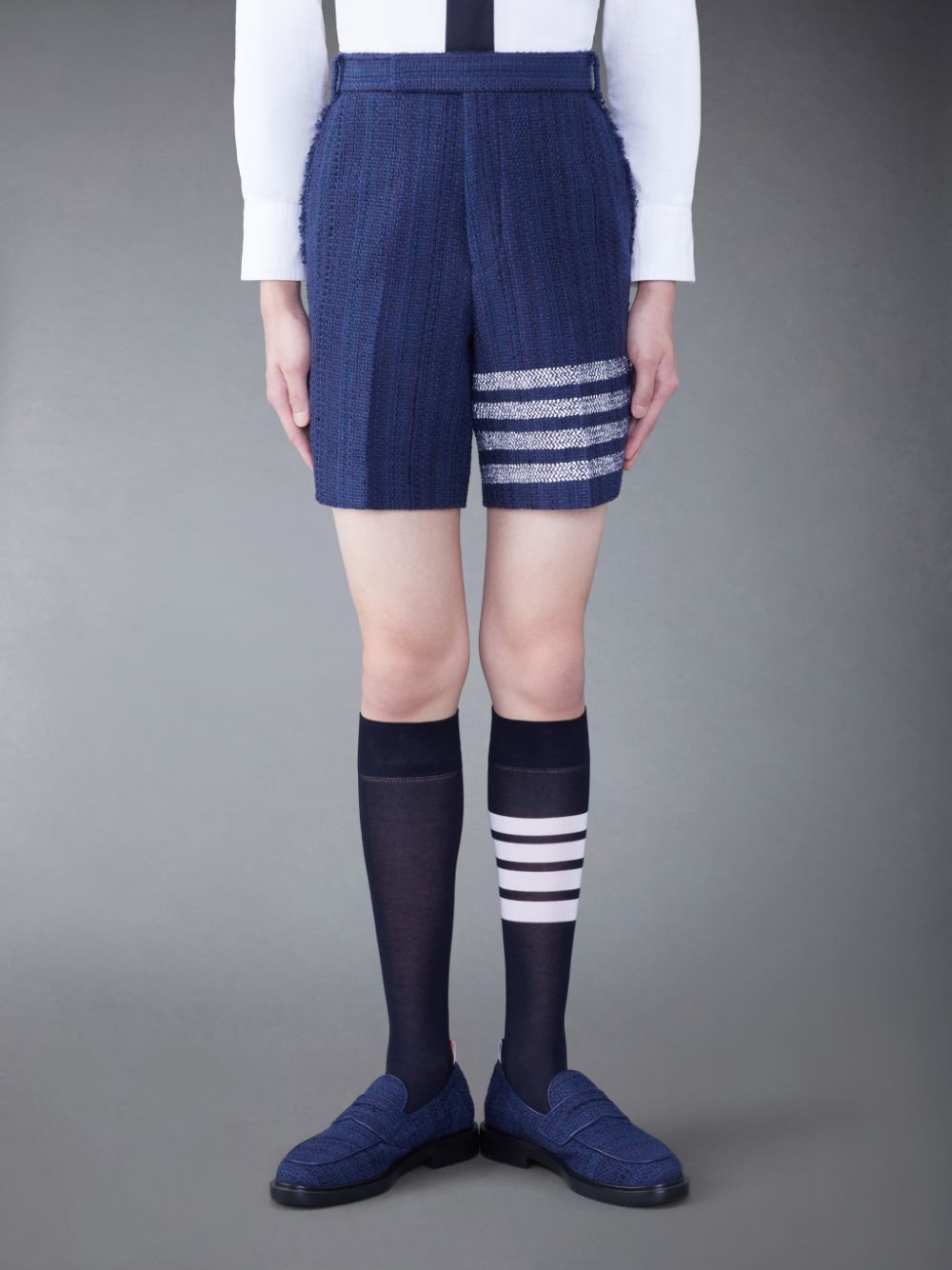 Short Thom Browne Tweed Fray 4-Bar Sack Homme Bleu | SYD41L33055