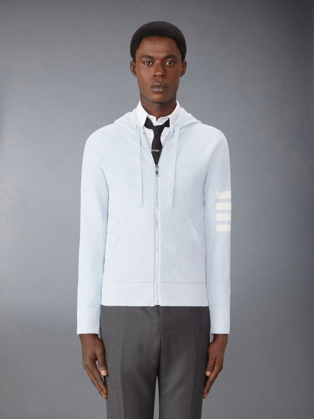 Sweat a Capuche Thom Browne Linen Cotton 4-Bar Relaxed Fit Zip up Homme Bleu | JJS04E77917