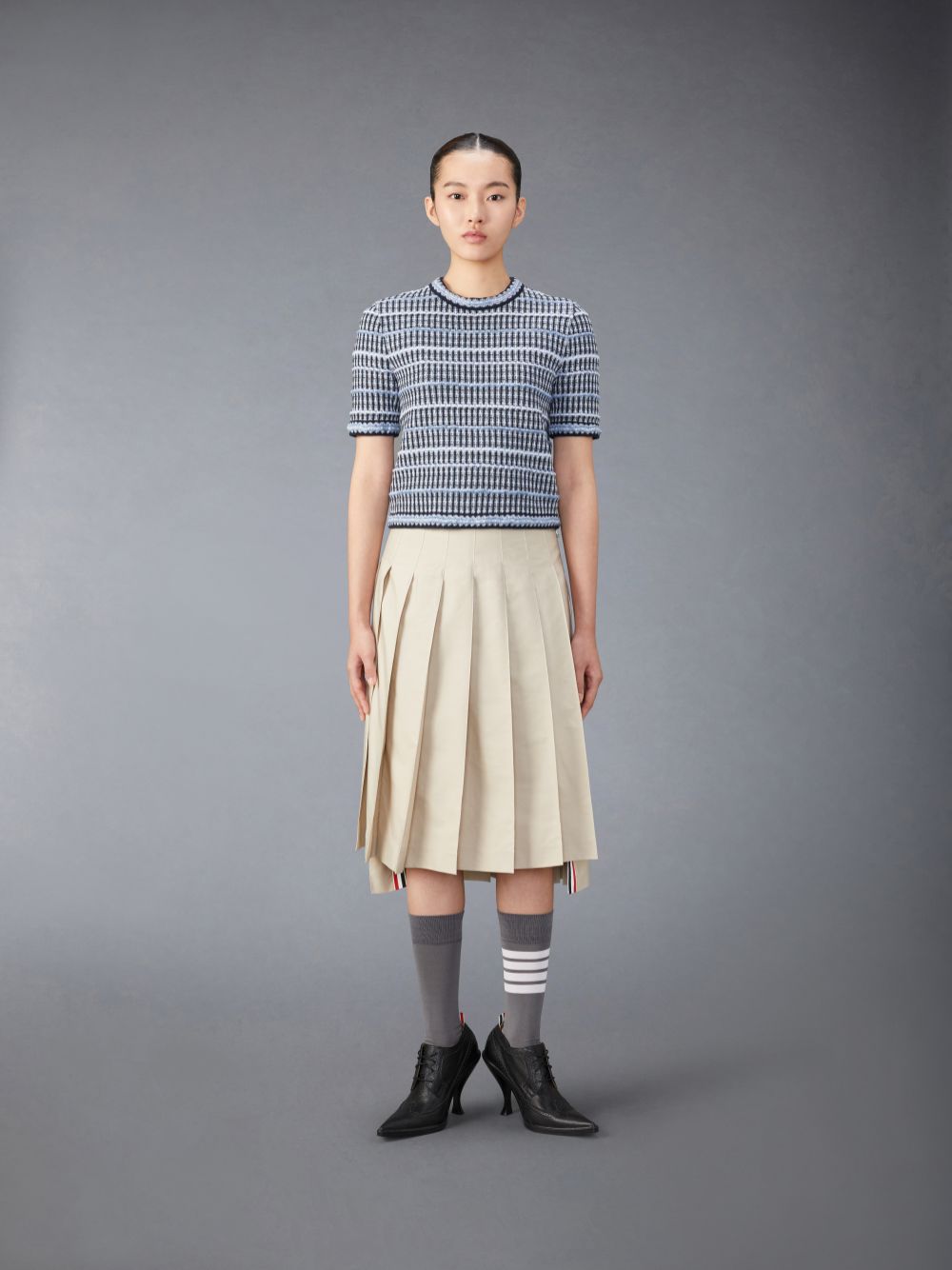 T Shirts Thom Browne Cotton Linen Tweed Jacquard Femme Bleu | EGV69B83806