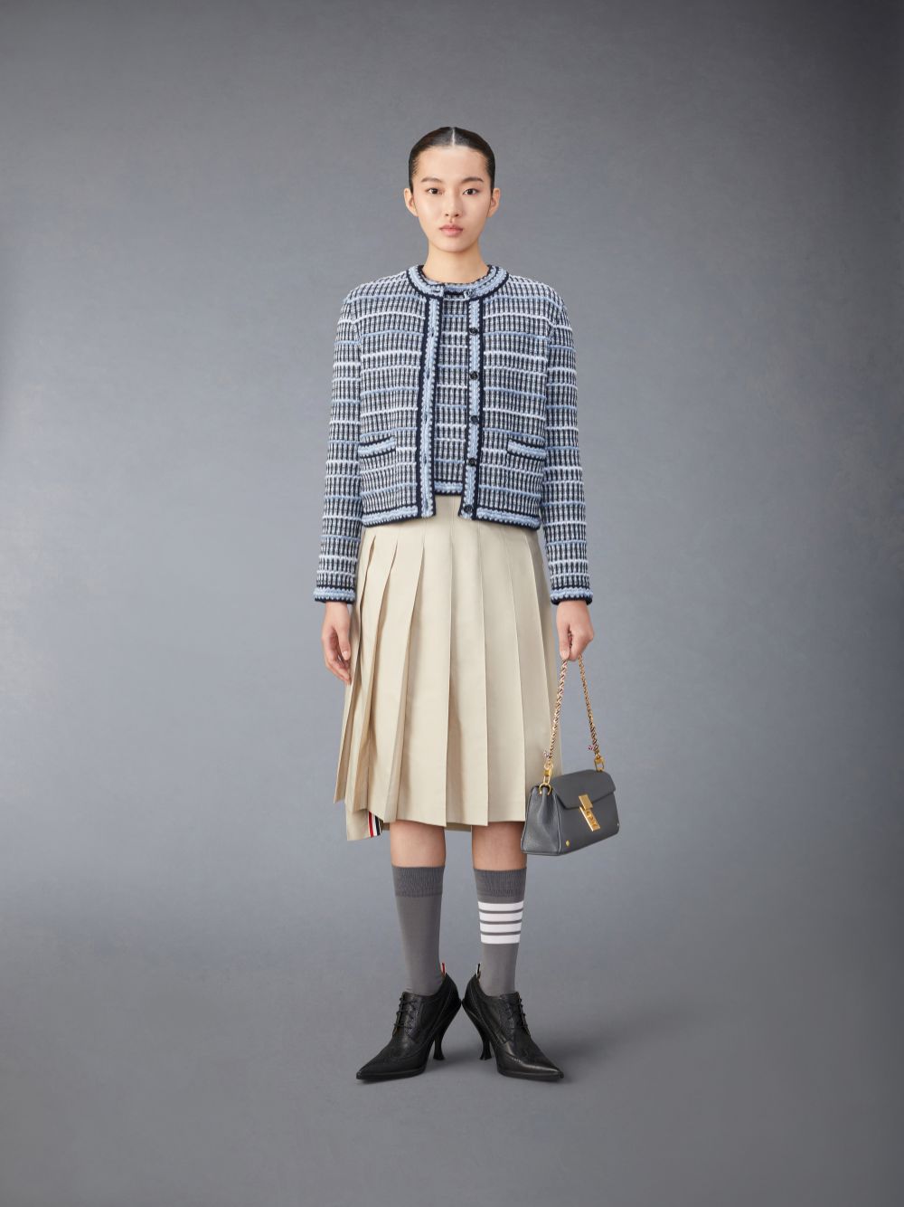 T Shirts Thom Browne Cotton Linen Tweed Jacquard Femme Bleu | EGV69B83806