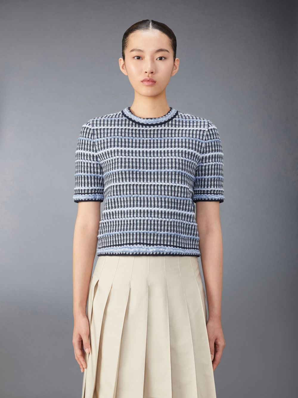 T Shirts Thom Browne Cotton Linen Tweed Jacquard Femme Bleu | EGV69B83806