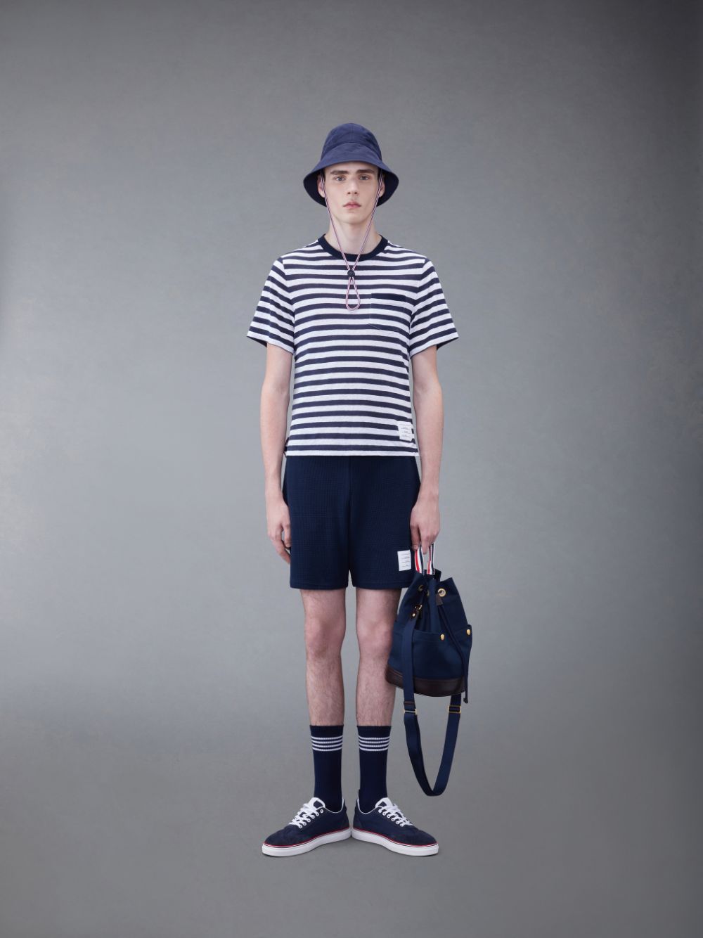 T Shirts Thom Browne Linen Jersey Short Sleeve Striped Pocket Homme Bleu | MQQ83D75018
