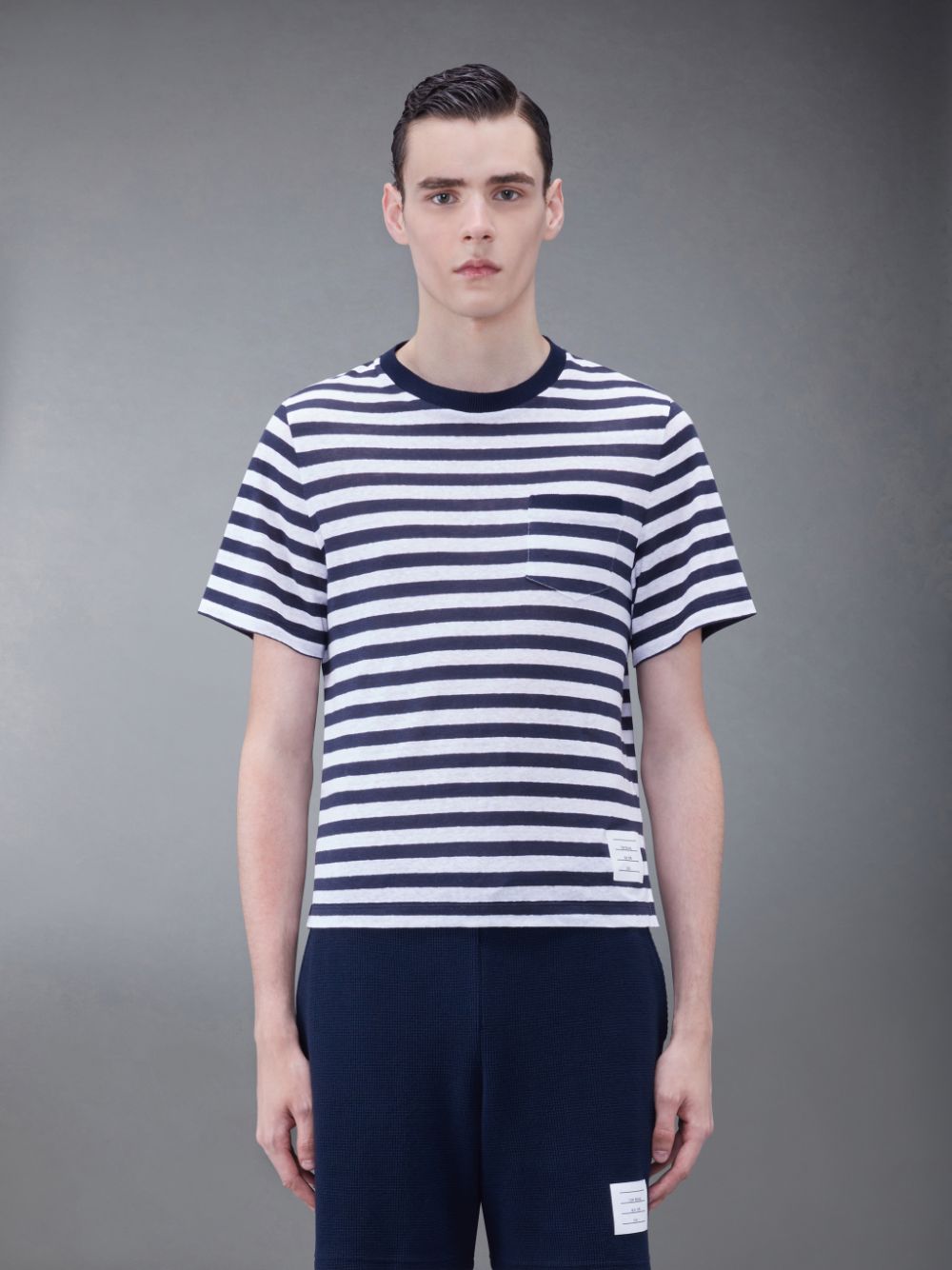 T Shirts Thom Browne Linen Jersey Short Sleeve Striped Pocket Homme Bleu | MQQ83D75018