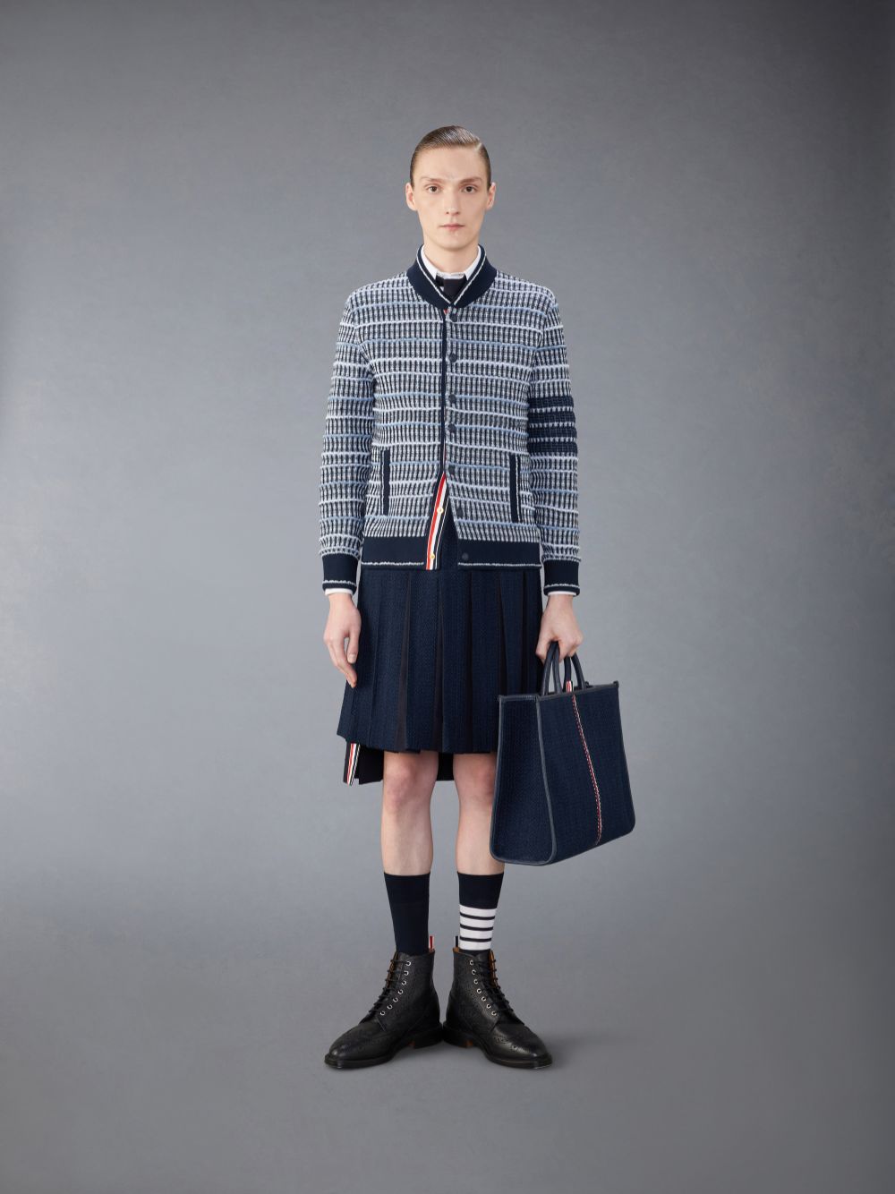Vestes Thom Browne Cotton and Linen Tweed Jacquard 4-Bar Bomber Homme Bleu | AMM19X35612