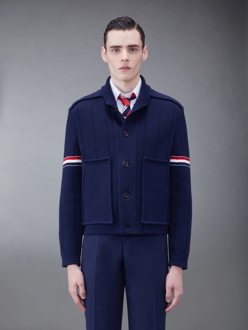 Vestes Thom Browne Double Face Cotton Cashmere Shawl Collar Homme Bleu | UVV89D53678