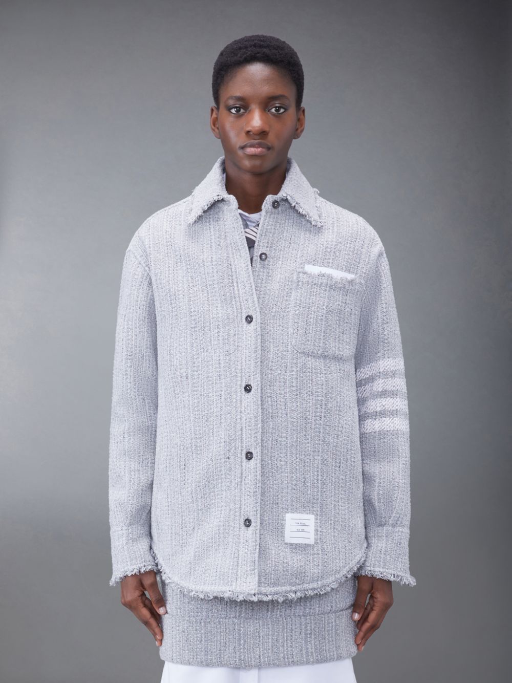 Vestes Thom Browne Downfill Tweed Fray 4-Bar Oversized Shirt Femme Grise | PQI36G58581