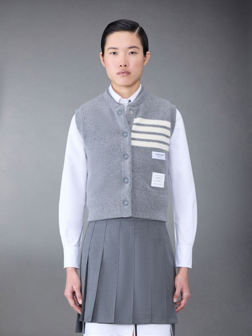Vestes Thom Browne FINE MERINO AND JERSEY PADDED REVERSIBLE 4-BAR FUNNEL NECK Femme Grise | AUF66Q11259