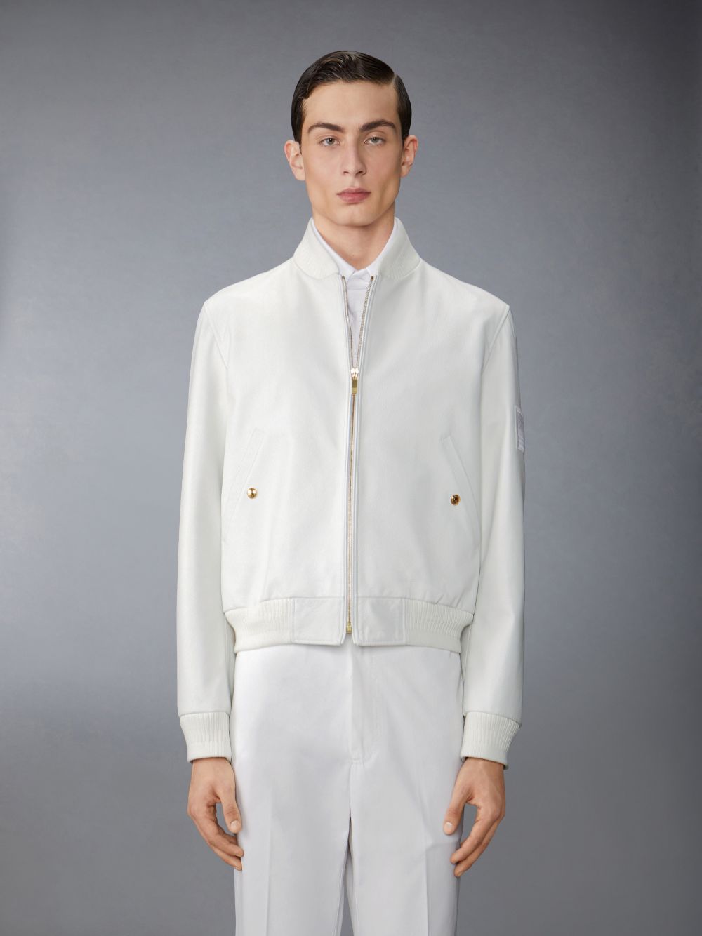 Vestes Thom Browne Lamb Grained Leather and Knit Rib Flag Patch Blouson Homme Blanche | NFN87J76042