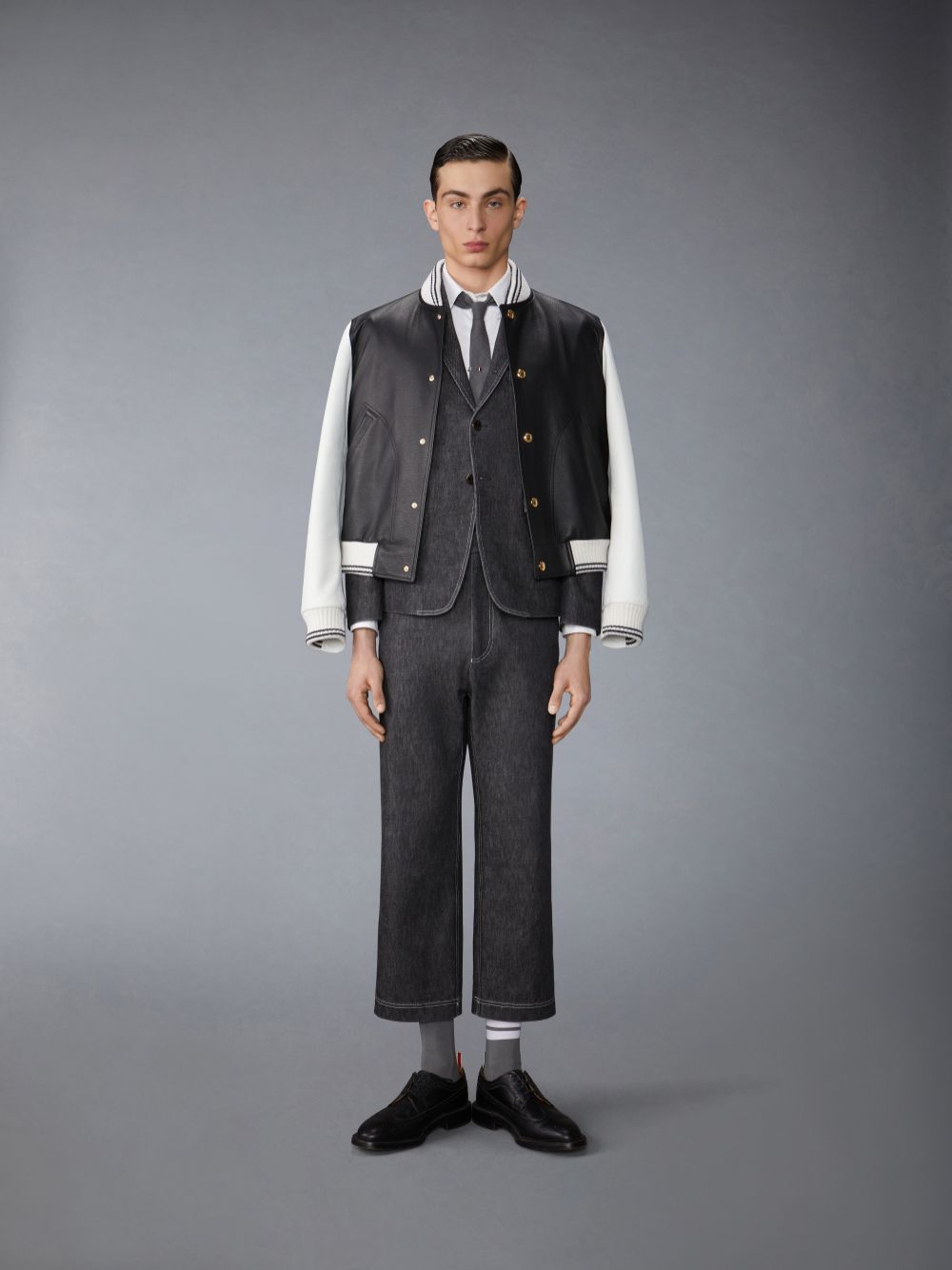 Vestes Thom Browne Lamb Grained Leather Contrast Topstitching Blouson Homme Noir | PBN19K36271
