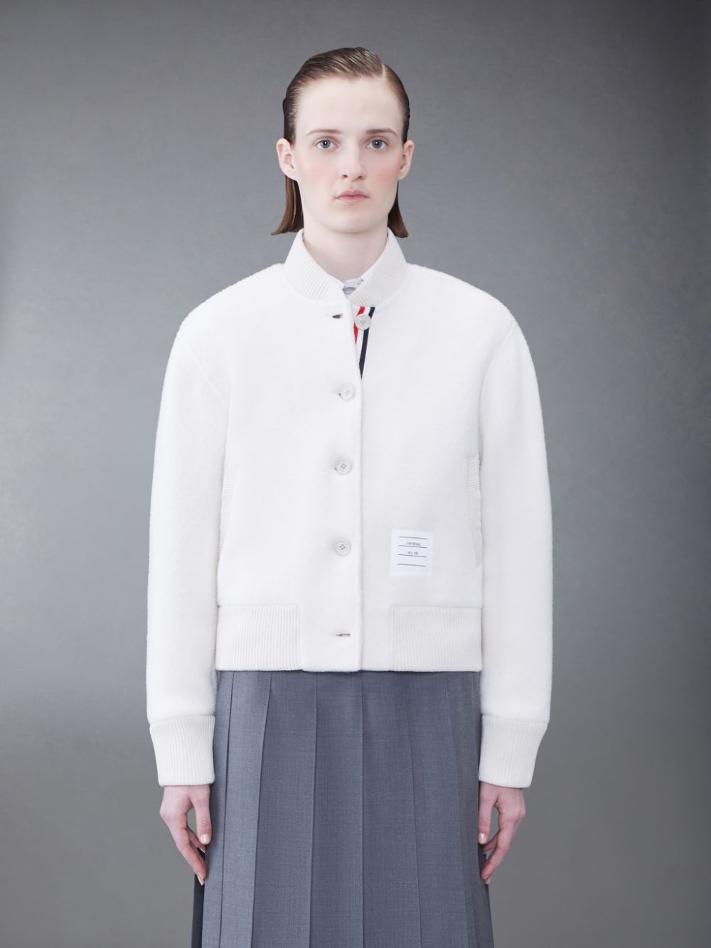 Vestes Thom Browne Wool Fleece Stripe Bomber Femme Blanche | LKF01H86481