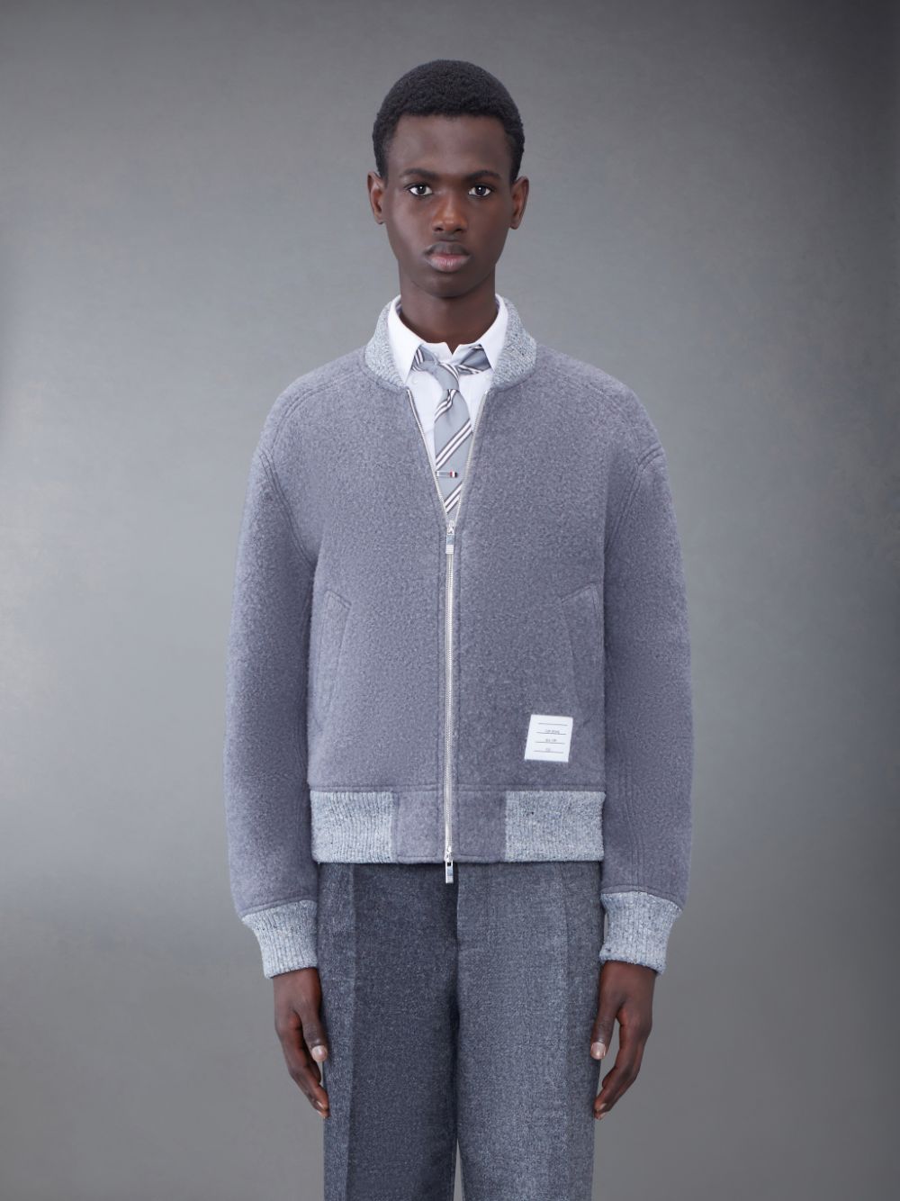 Vestes Thom Browne Wool Fleece Stripe Bomber Homme Grise | HIV70J86258